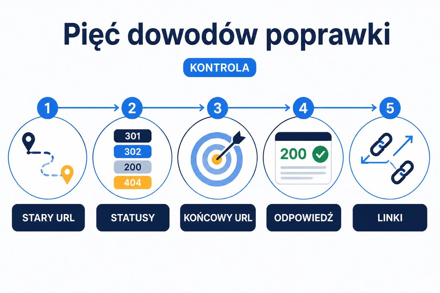 Schemat kontroli przekierowania z etapami: stary URL, statusy, końcowy URL, odpowiedź i linki.