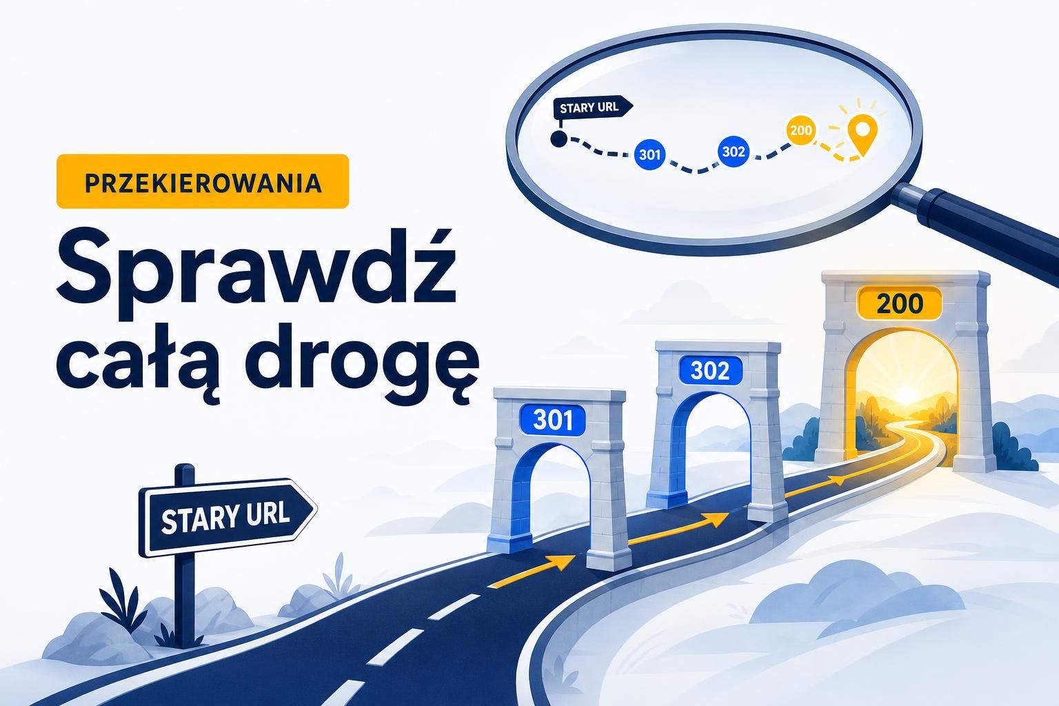 Ilustracja drogi przekierowania od starego URL-a przez statusy HTTP do końcowej strony.