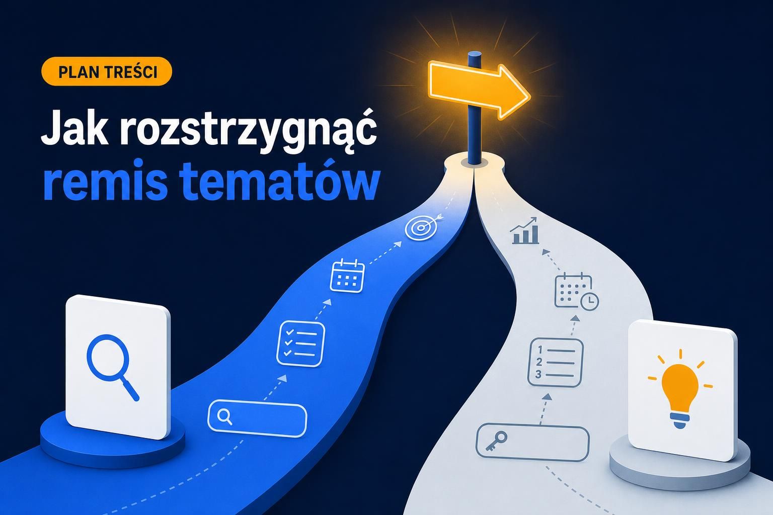 Dwie ścieżki reprezentujące artykuły prowadzą do jednego drogowskazu decyzji w planie treści.