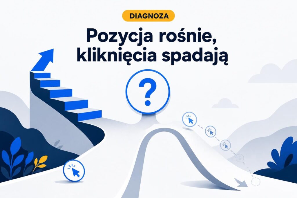 Ilustracja rozwidlonej ścieżki pokazującej wzrost pozycji wyników wyszukiwania i spadek kliknięć.