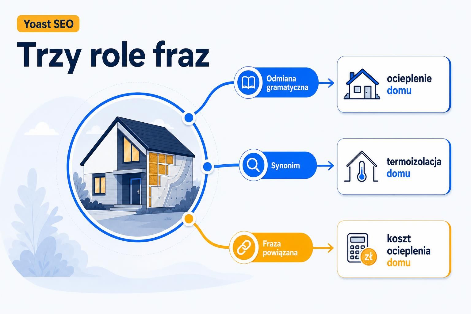 Ilustracja pokazująca główną frazę oraz trzy role powiązanych wyrażeń w Yoast SEO.