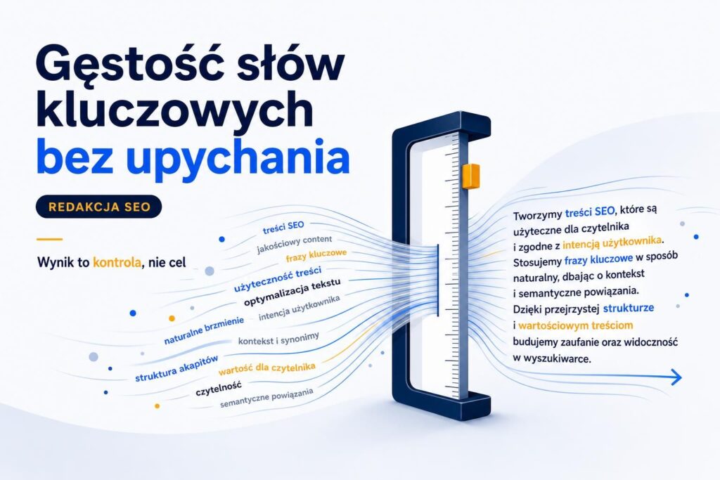 Ilustracja gęstości słów kluczowych jako kontroli naturalnie ułożonego tekstu, bez mechanicznego upychania fraz.