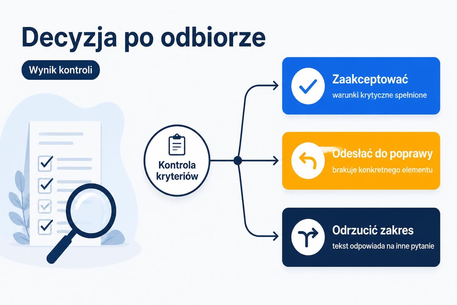 Schemat trzech decyzji po odbiorze tekstu: zaakceptować, odesłać do poprawy lub odrzucić zakres