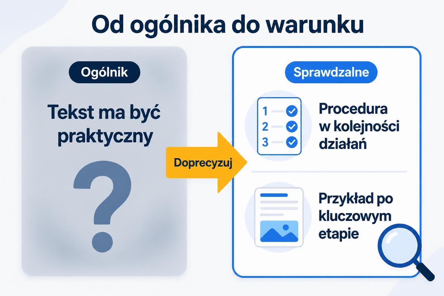 Porównanie ogólnego określenia praktyczny ze sprawdzalnym warunkiem procedury i przykładu