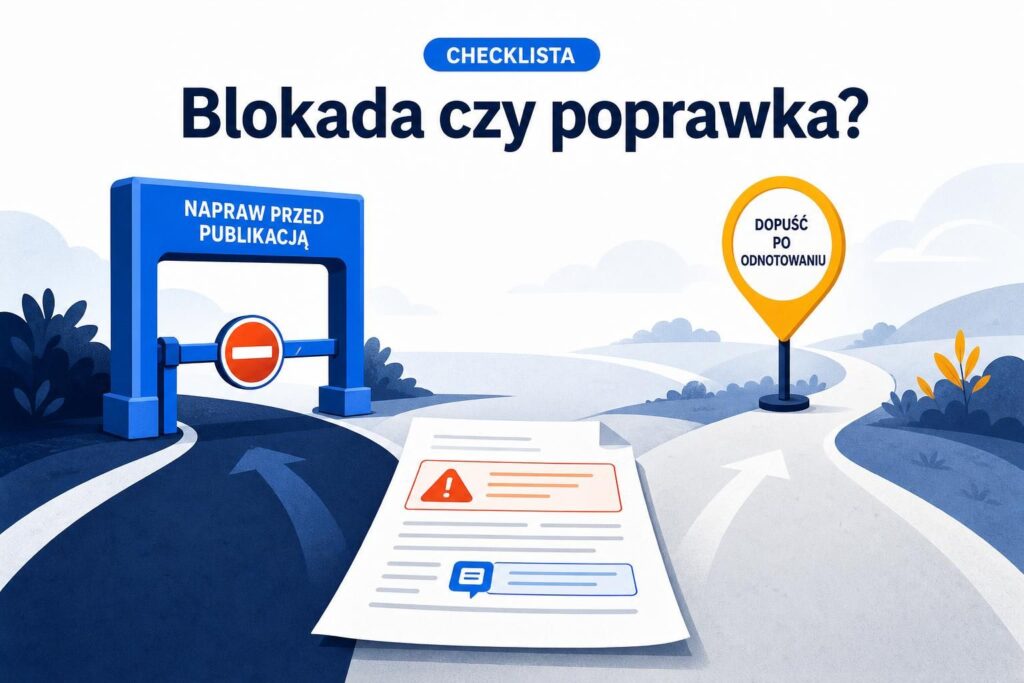 Ilustracja rozwidlenia decyzji: naprawić przed publikacją albo dopuścić po odnotowaniu drobnej poprawki.