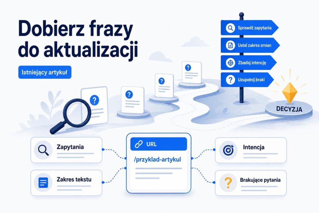Ilustracja procesu wyboru słów kluczowych do aktualizacji istniejącego artykułu na podstawie URL-a, zapytań, zakresu tekstu i intencji.