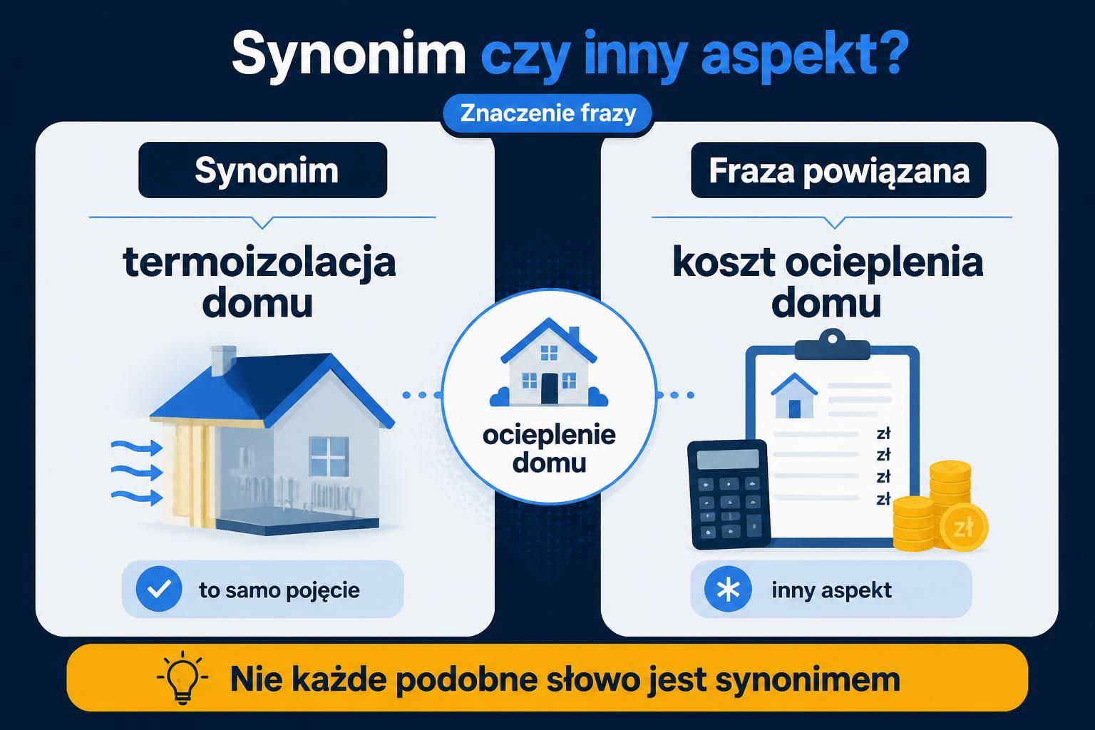 Porównanie synonimu „termoizolacja domu” i frazy powiązanej „koszt ocieplenia domu”.