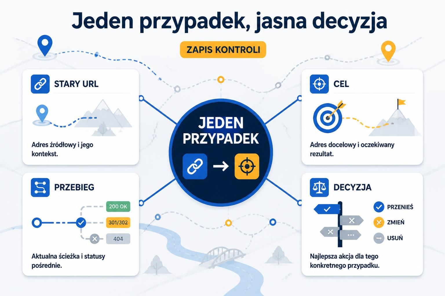 Mapa jednego przypadku przekierowania łącząca stary URL, cel, przebieg i decyzję.