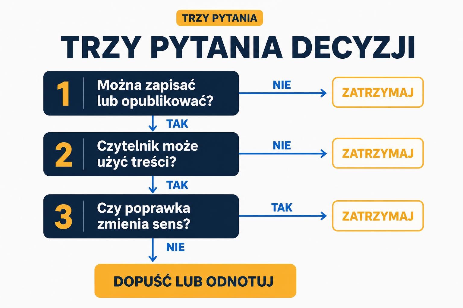 Schemat trzech pytań: możliwość publikacji, użycie treści i wpływ poprawki na sens.