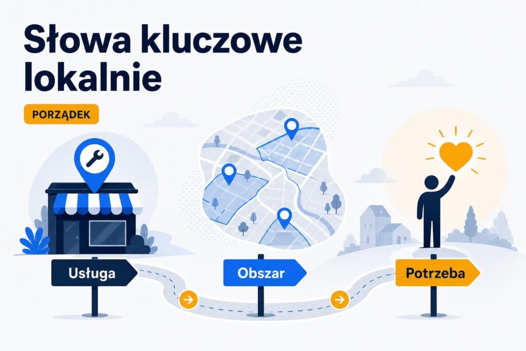 Ilustracja lokalnego doboru słów kluczowych łącząca usługę, obszar obsługi i potrzebę mieszkańca.